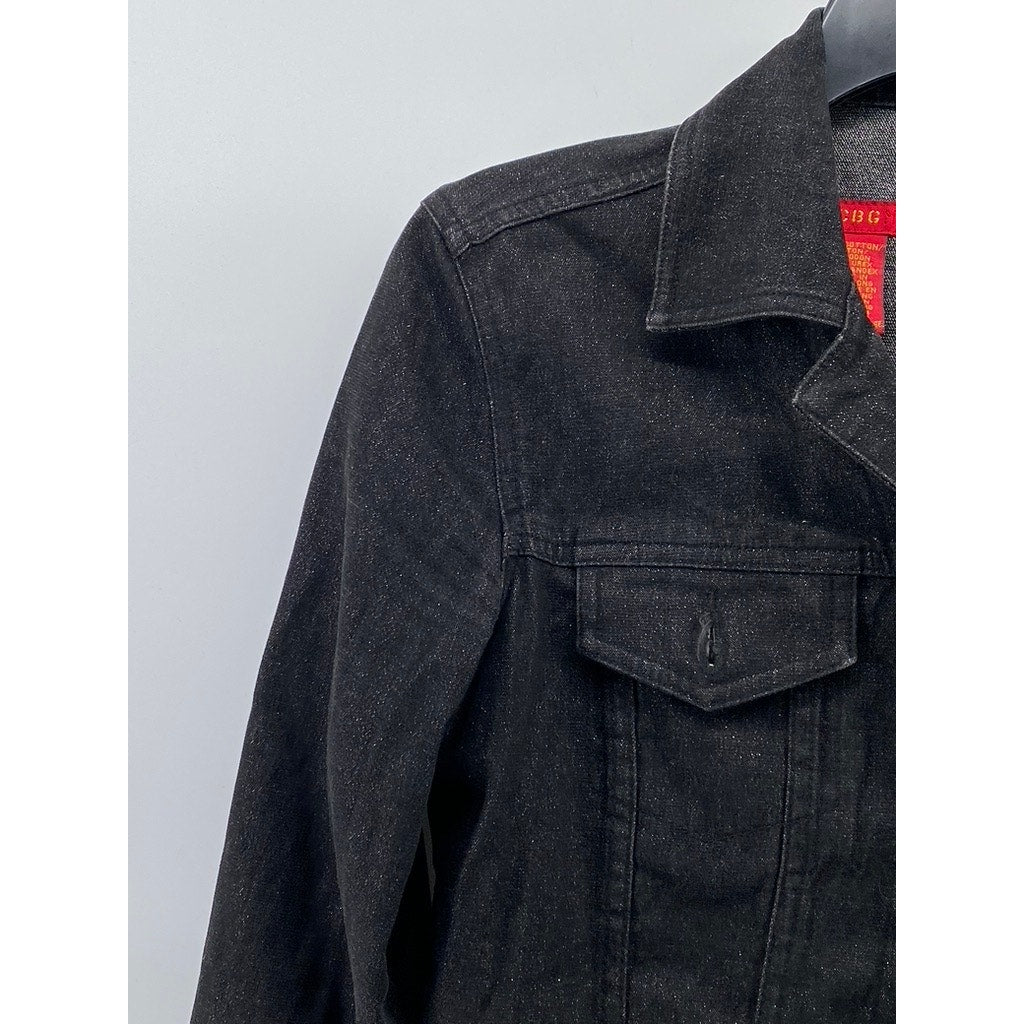 BCBG JEANS Women's Vintage Black Denim Shimmer Button-Up Regular-Fit Jacket SZXS