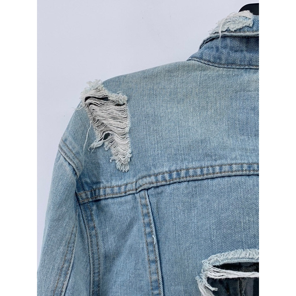 GB GIANNI BINI Women's Blue Distressed Button-Up Long Sleeve Jean Jacket SZ L