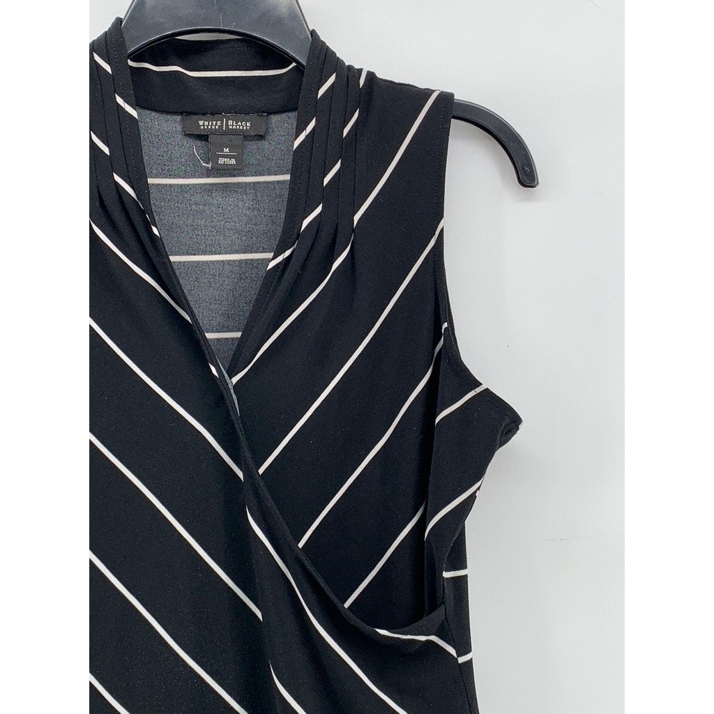 WHITE HOUSE BLACK MARKET Women's Black-White Striped V-Neck Sleeveless Top SZ M