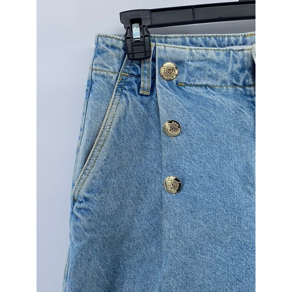 ZARA Women's Light Blue Wash Denim Button-Detail Pleated Relaxed-Fit Jean SZ 4