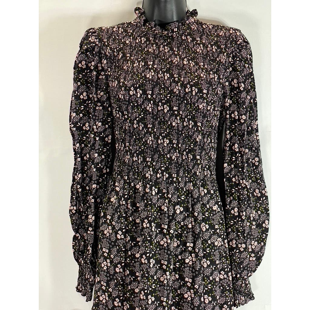 BODEN Women's Black Multi Floral Smocked Tiered Long Sleeve Midi Dress SZ 8R