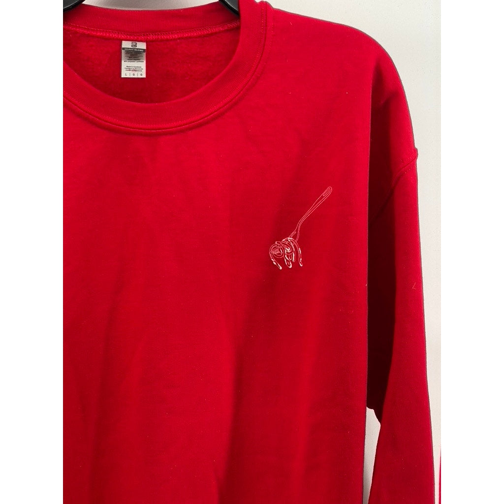 GILDAN Unisex Adult Red Crewneck Heavy Blend Spaghetti Graphic Sweatshirt SZ L