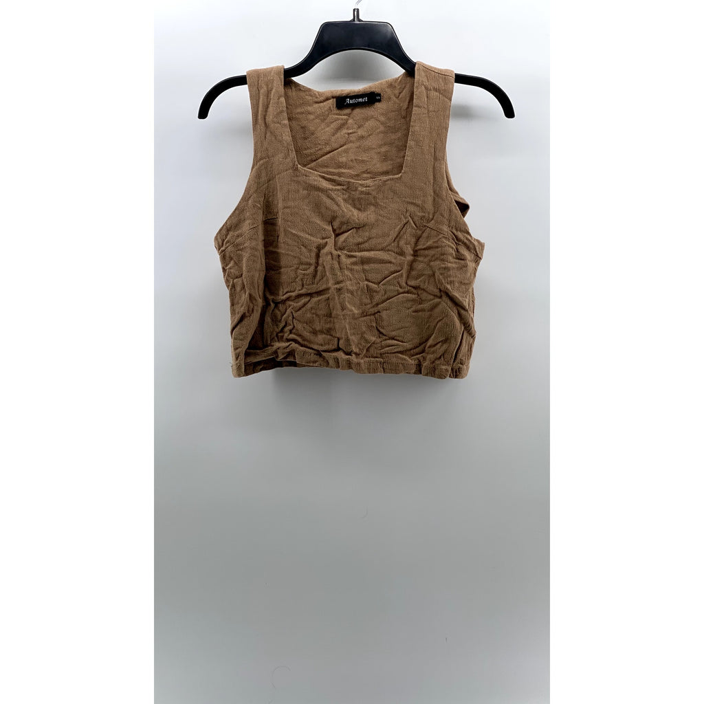 AUTOMET Women's Tan Linen-Blend Textured Straight-Neck Cropped Tank Top SZ S