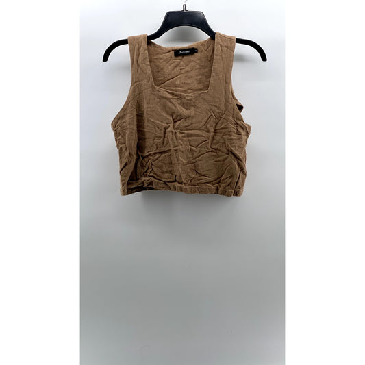 AUTOMET Women's Tan Linen-Blend Textured Straight-Neck Cropped Tank Top SZ S