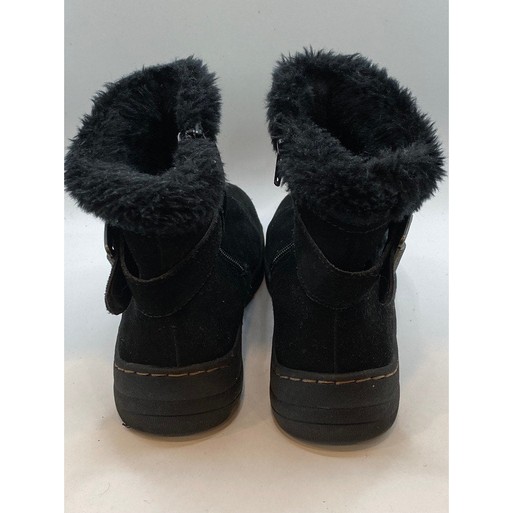 BARETRAPS Women's Black Leather Faux-Fur Round-Toe Ankle Winter Boots SZ 7
