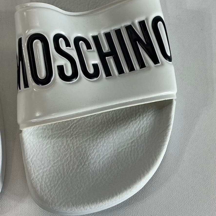 MOSCHINO Women's White/Black Oversized Logo Slip-On Pool Slide Sandals SZ 8