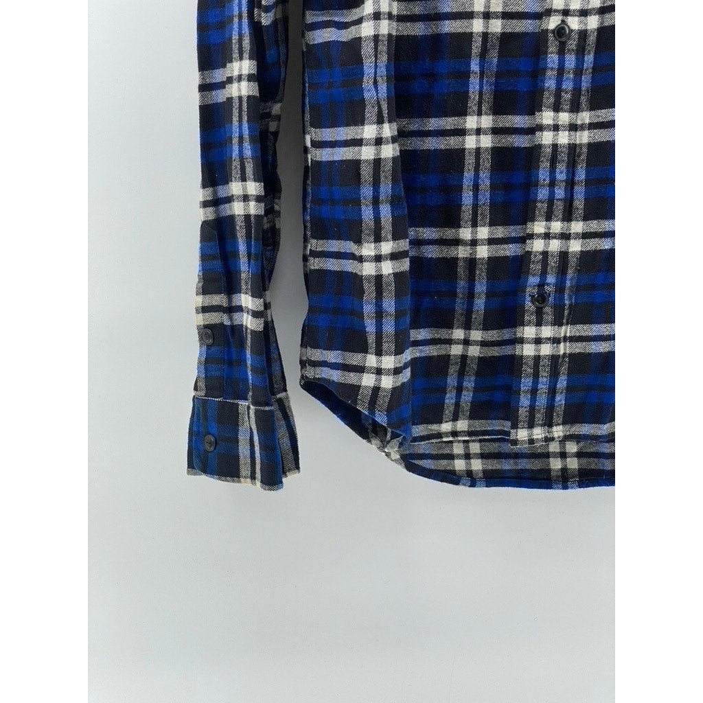 GAP Men's Blue-White Plaid Standard-Fit Button-Up Long Sleeve Flannel Shirt SZ M