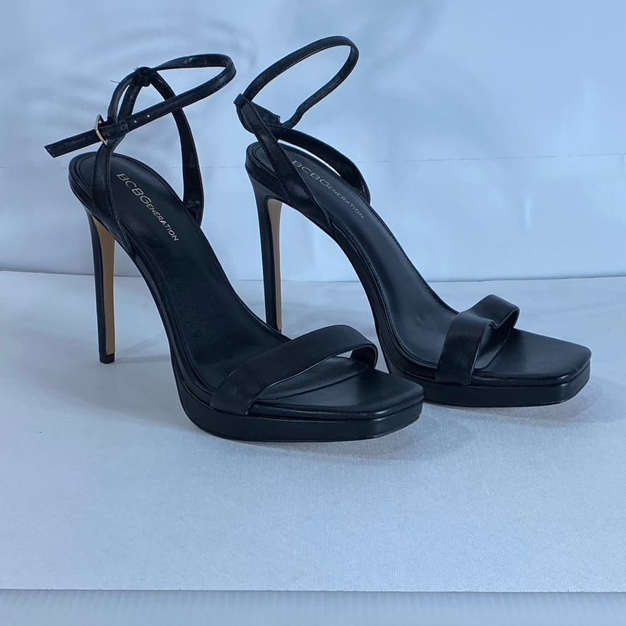 BCBGENERATION Women's Black Leather Cadence Ankle-Strap Platform Sandals SZ 10