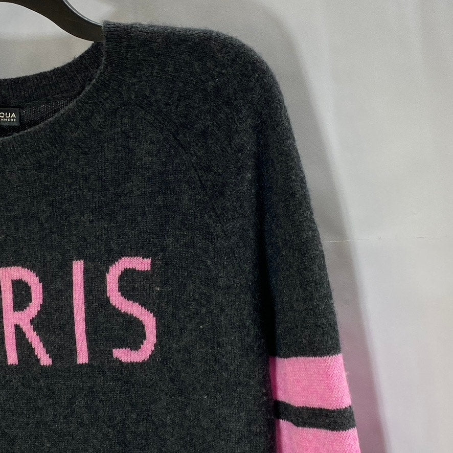 AQUA Women's Dark Gray-Pink "Paris" Logo Crewneck Cashmere Hi-Low Sweater SZ XS