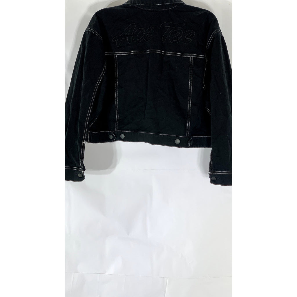 H&M Women’s Black Solid Patch Pocket Cropped Denim Jacket SZ 8