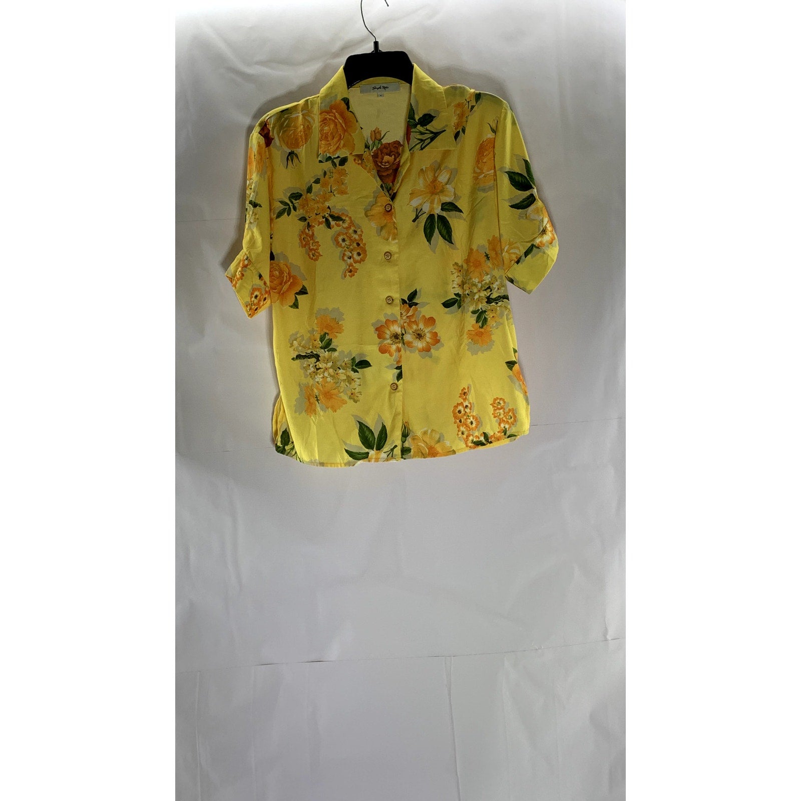 SIMPLE RETRO Women's Yellow/Orange Floral Print Short Sleeve Button-Up Top SZ S