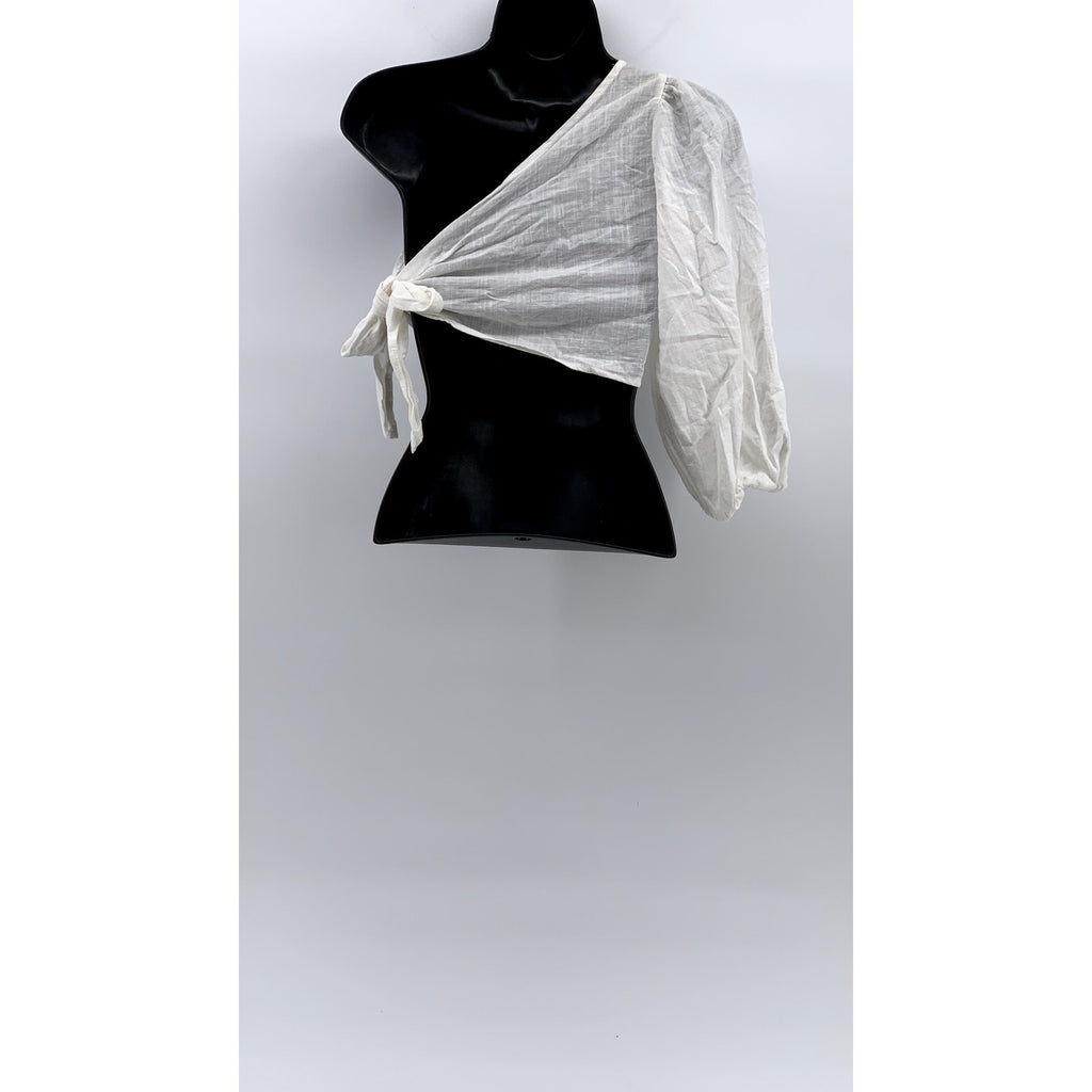 SHEIN Women's White One Shoulder Long Sleeve Side-Tie Semi-Sheer Crop Top SZ4