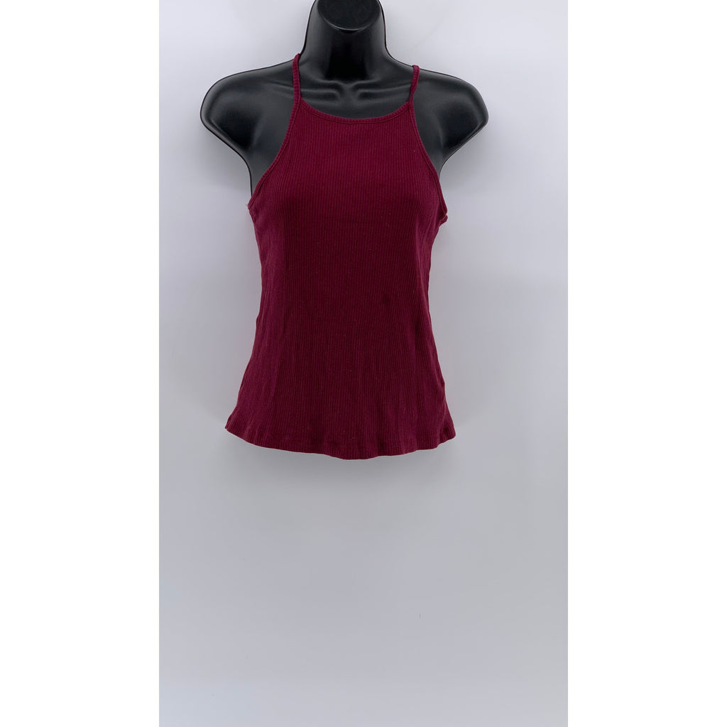 AMBIANCE Women's Burgundy Ribbed High-Neck Halter Sleeveless Top SZ M