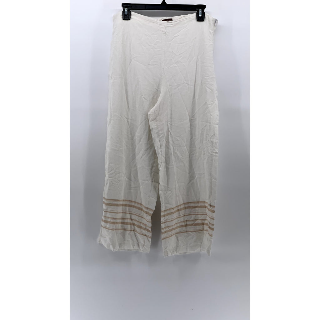 CROSBY Women's White-Tan Linen-Blend Pull-On Striped Cuff Wide-Leg Pant SZ L