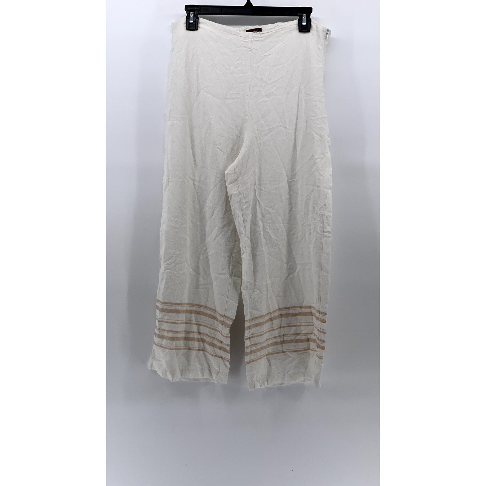 CROSBY Women's White-Tan Linen-Blend Pull-On Striped Cuff Wide-Leg Pant SZ L