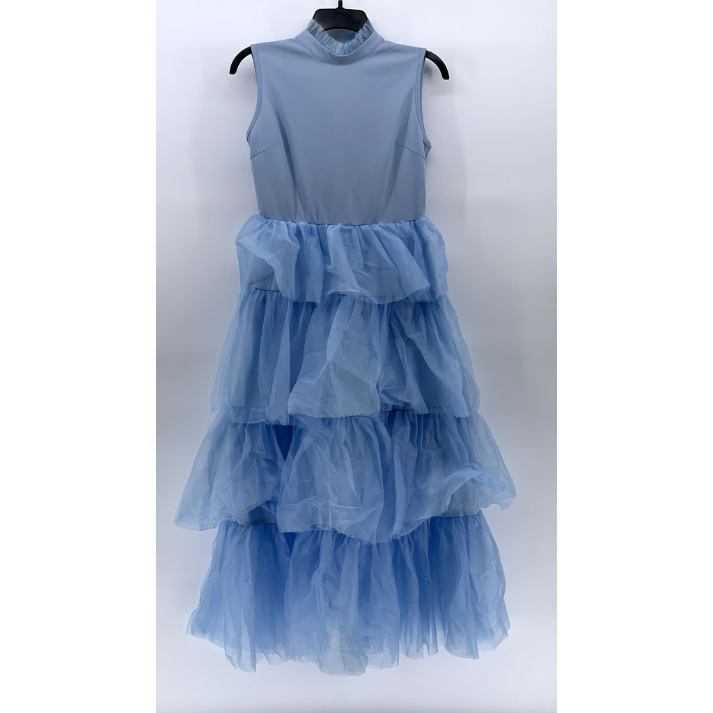 UNBRANDED Women's Light Blue Tulle Tiered Mock-Neck Sleeveless Maxi Dress SZ M
