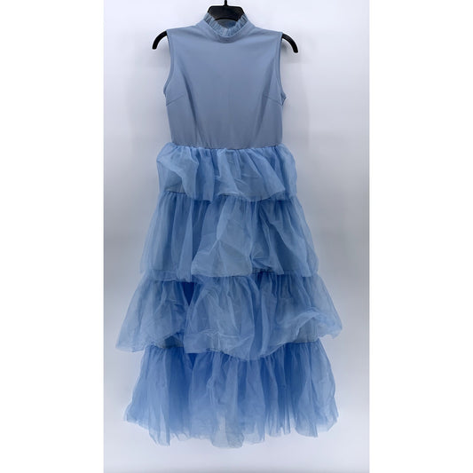 UNBRANDED Women's Light Blue Tulle Tiered Mock-Neck Sleeveless Maxi Dress SZ M