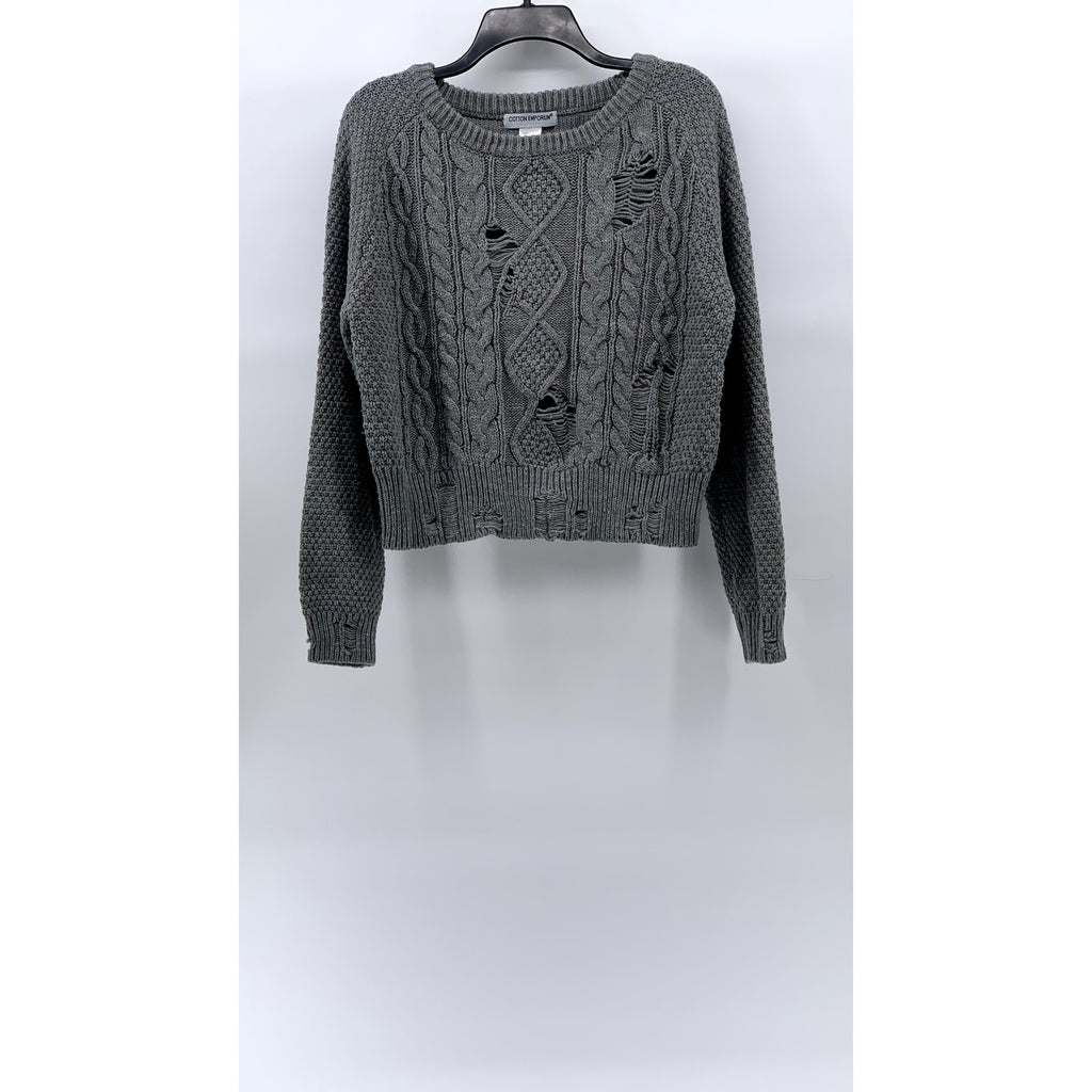 COTTON EMPORIUM Women's Gray Cable Knit Crewneck Distressed Pullover Sweater SZM
