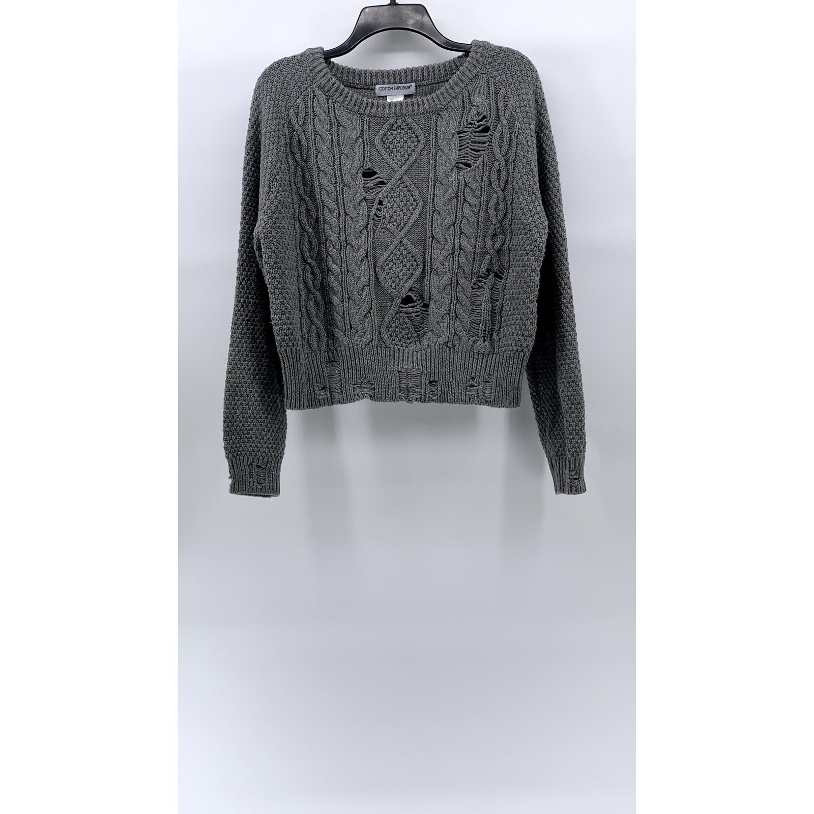 COTTON EMPORIUM Women's Gray Cable Knit Crewneck Distressed Pullover Sweater SZM