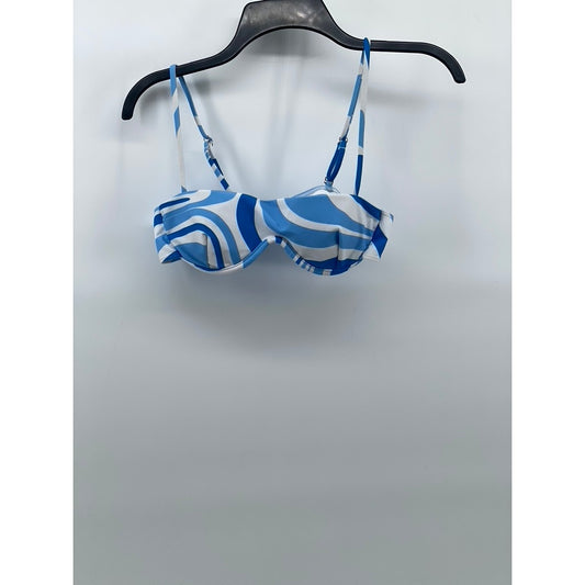AURELLE Women's Blue-White Swirl Print Adjustable Strap Bikini Top SZ M