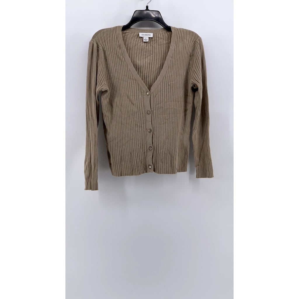 CALLIGRAPHIE Women's Tan Ribbed V-Neck Button-Up Cardigan SZ S