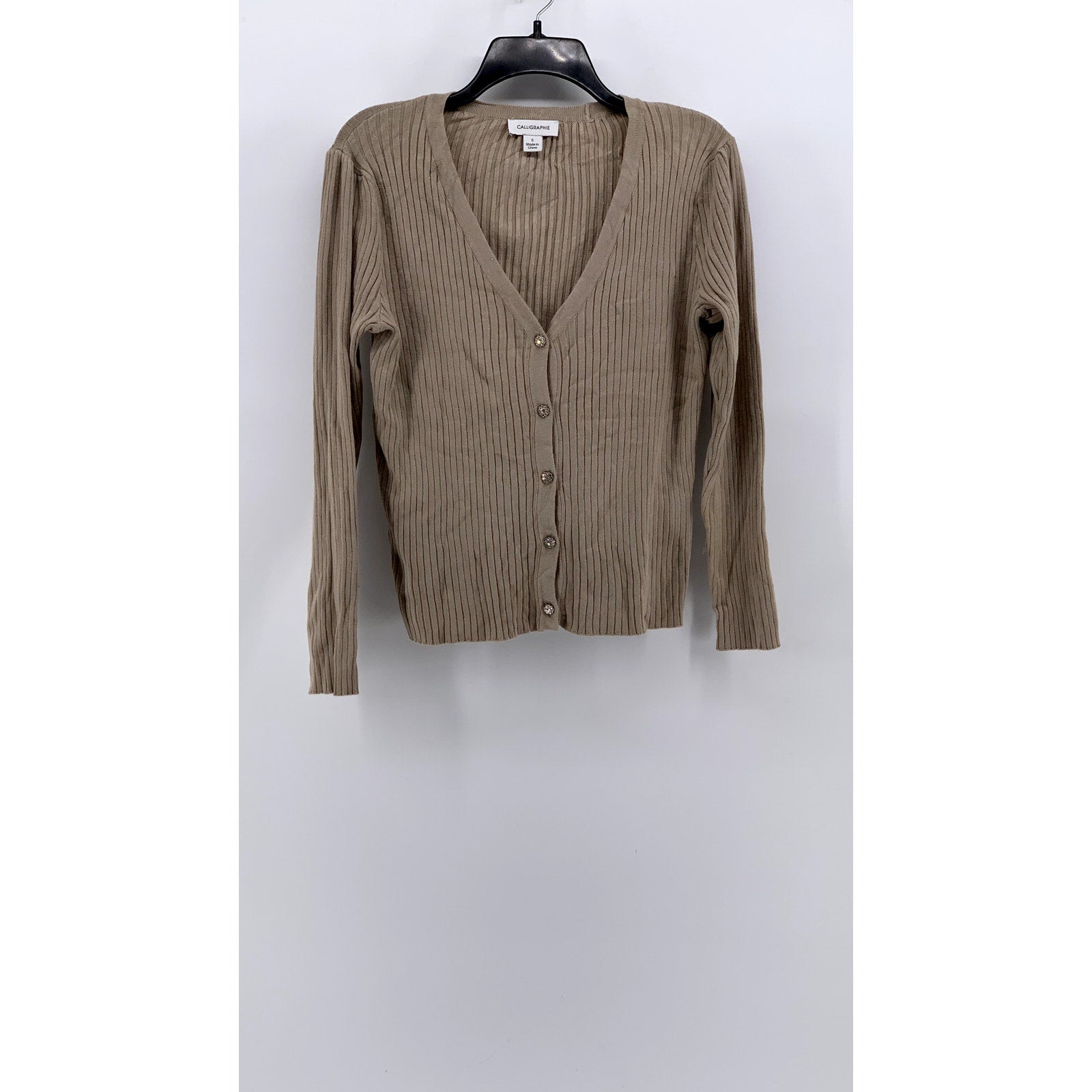 CALLIGRAPHIE Women's Tan Ribbed V-Neck Button-Up Cardigan SZ S