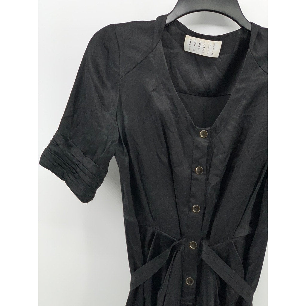 JODI ARNOLD Women's Black Silk Belted Elbow Sleeve Button-Up V-Neck Dress SZ 2