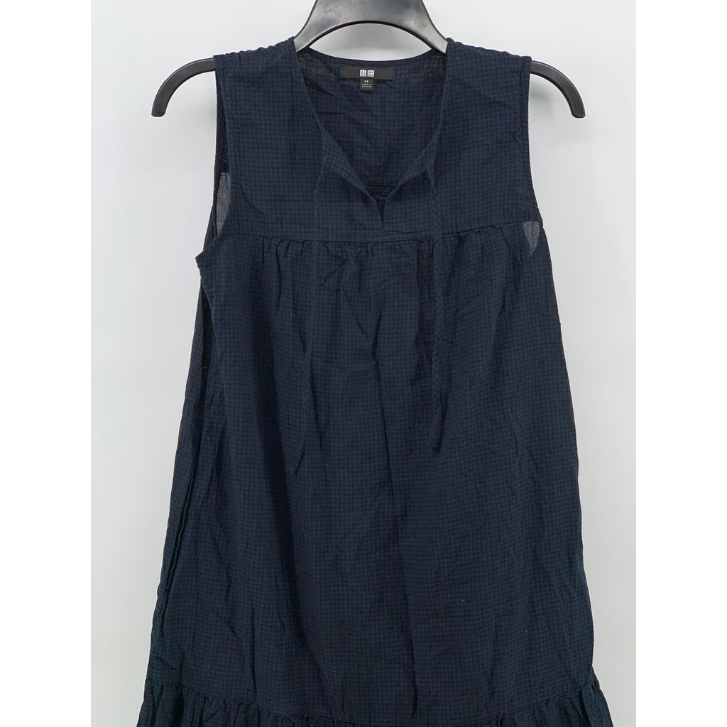 UNIQLO Women's Navy-Black Gingham Split Tie-Neck Sleeveless Belted Dress SZ XS