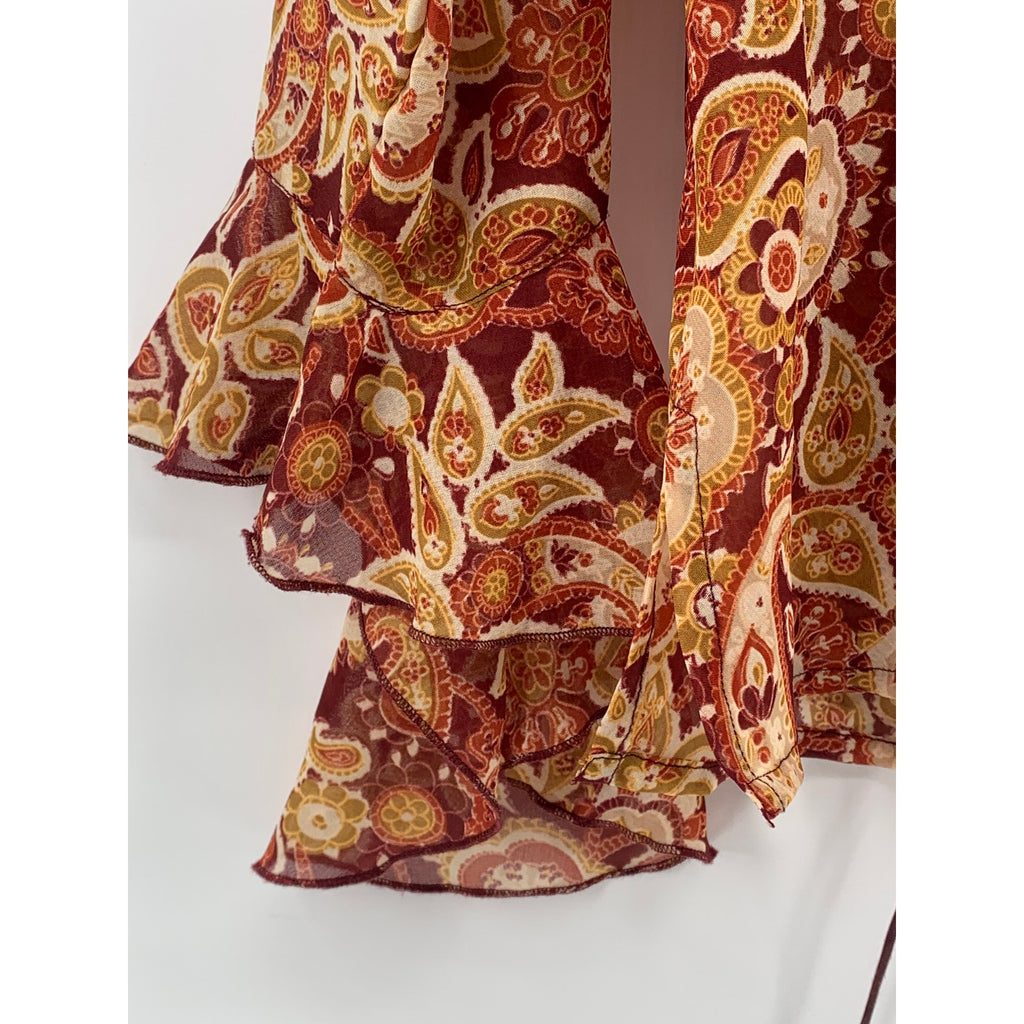 HOKUSPOKUS Women's Vintage Y2K Orange Floral Sequin Long Bell Sleeve Top SZ L