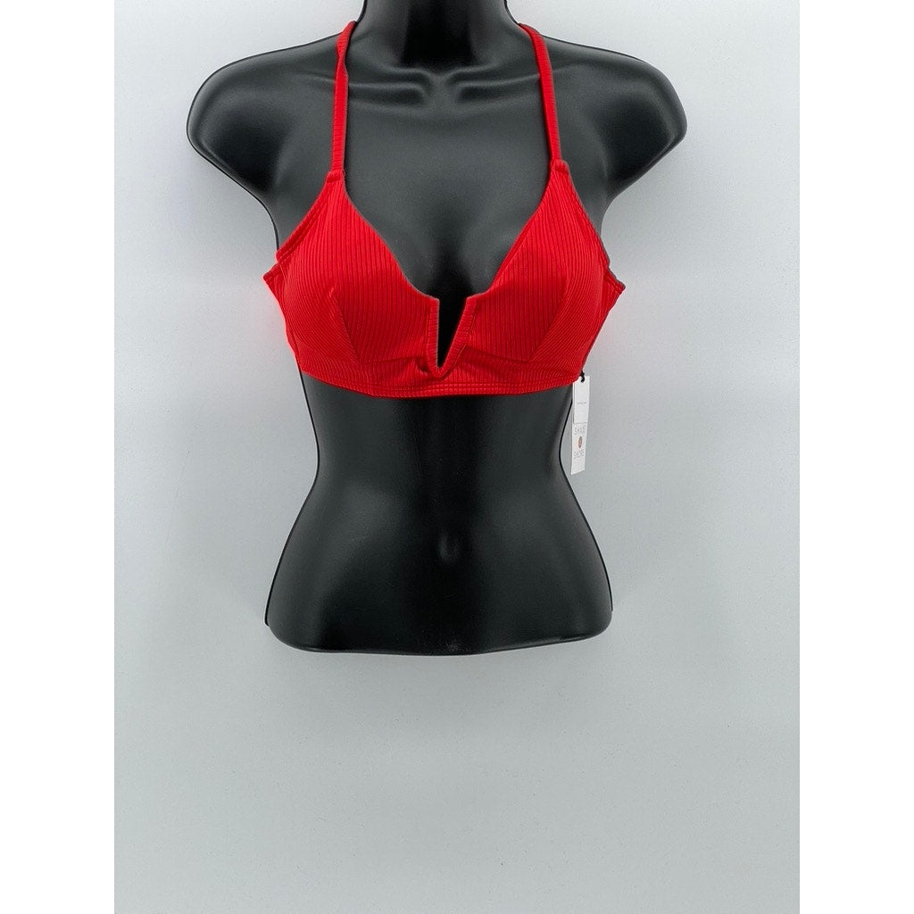 SHADE & SHORE Women's Red Textured Cross Back Strap Split-Neck Bikini Top SZ 32B