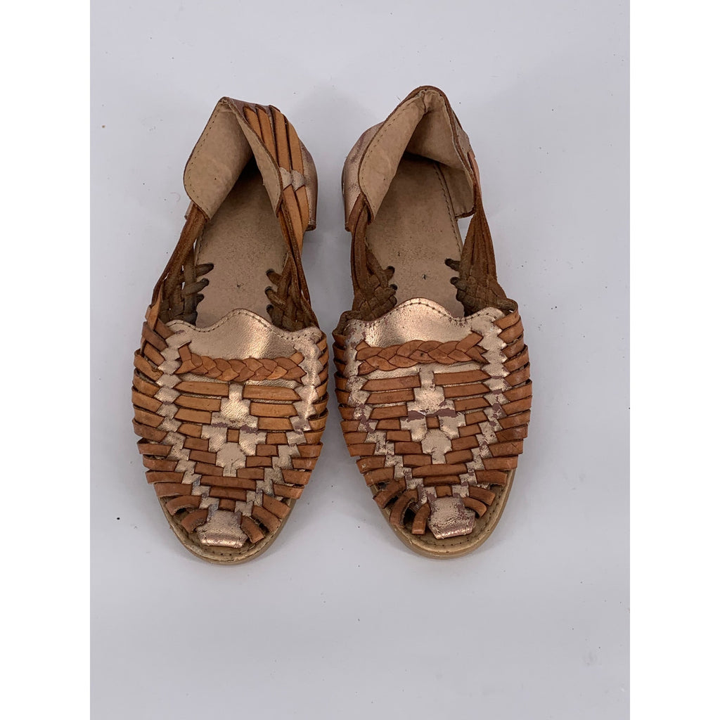 UNBRANDED Women's Brown-Gold Woven Leather Almond-Toe Slip-On Sandals SZ 9