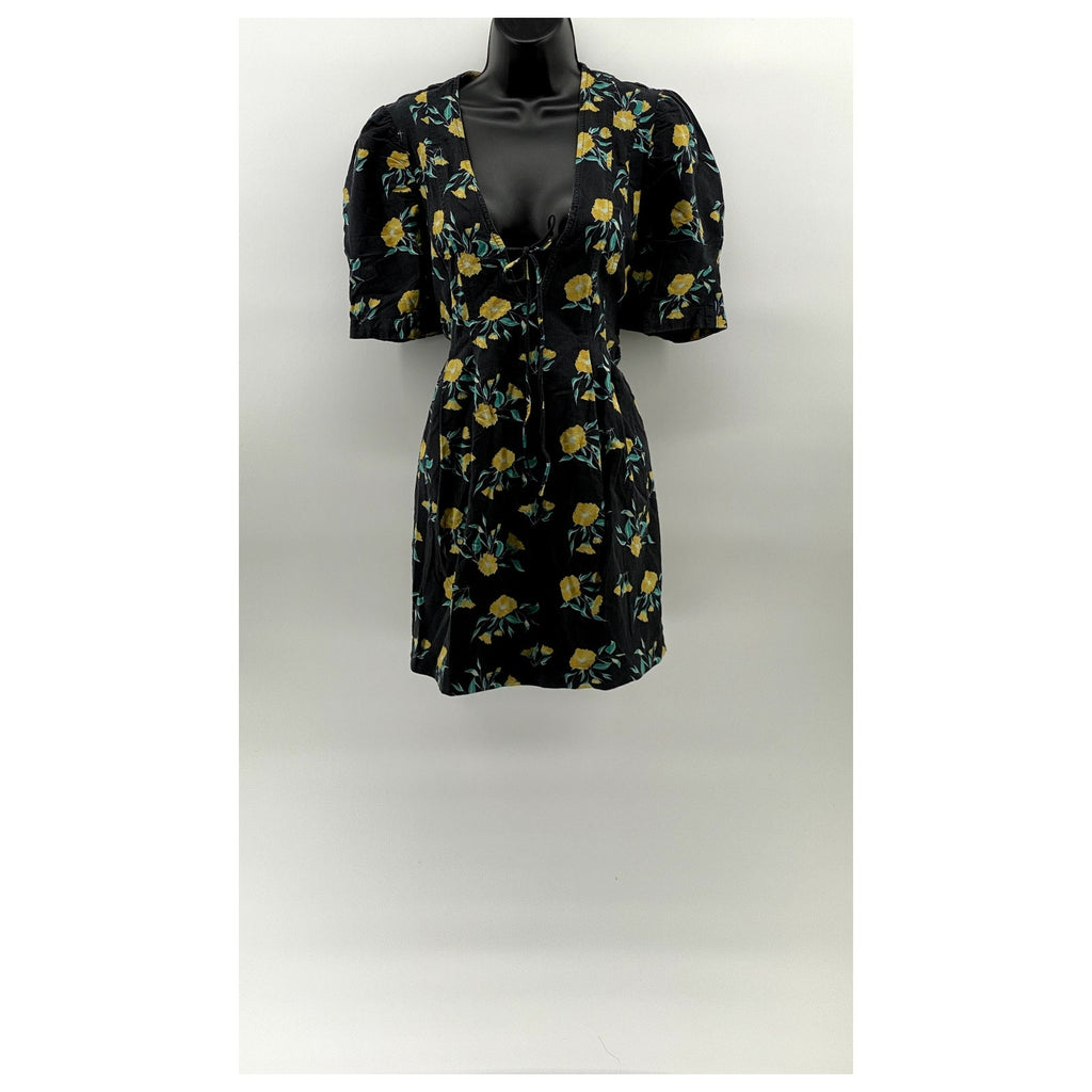 FREE PEOPLE Women's Black-Yellow Floral Adelle Short Sleeve Tunic Top SZ L