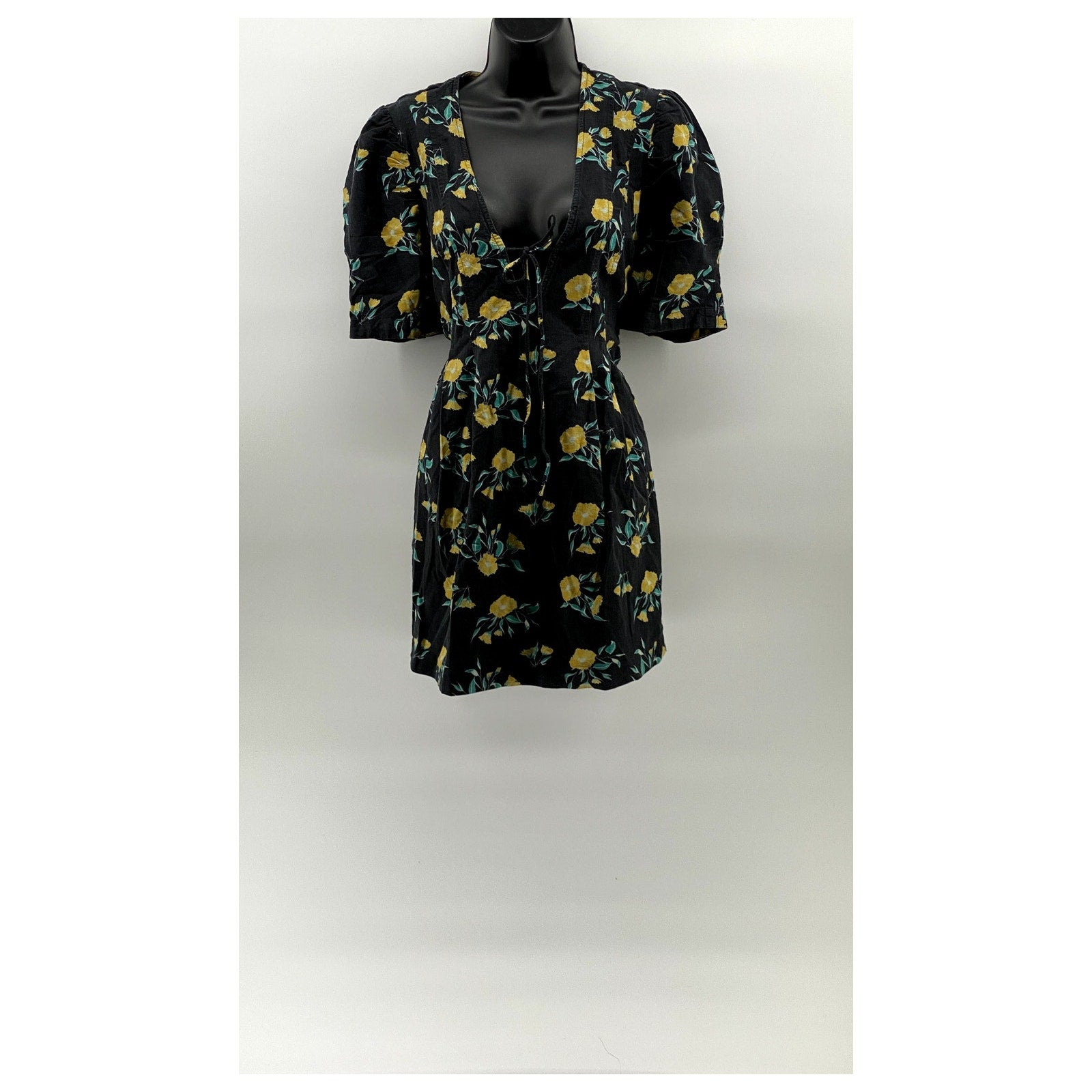 FREE PEOPLE Women's Black-Yellow Floral Adelle Short Sleeve Tunic Top SZ L