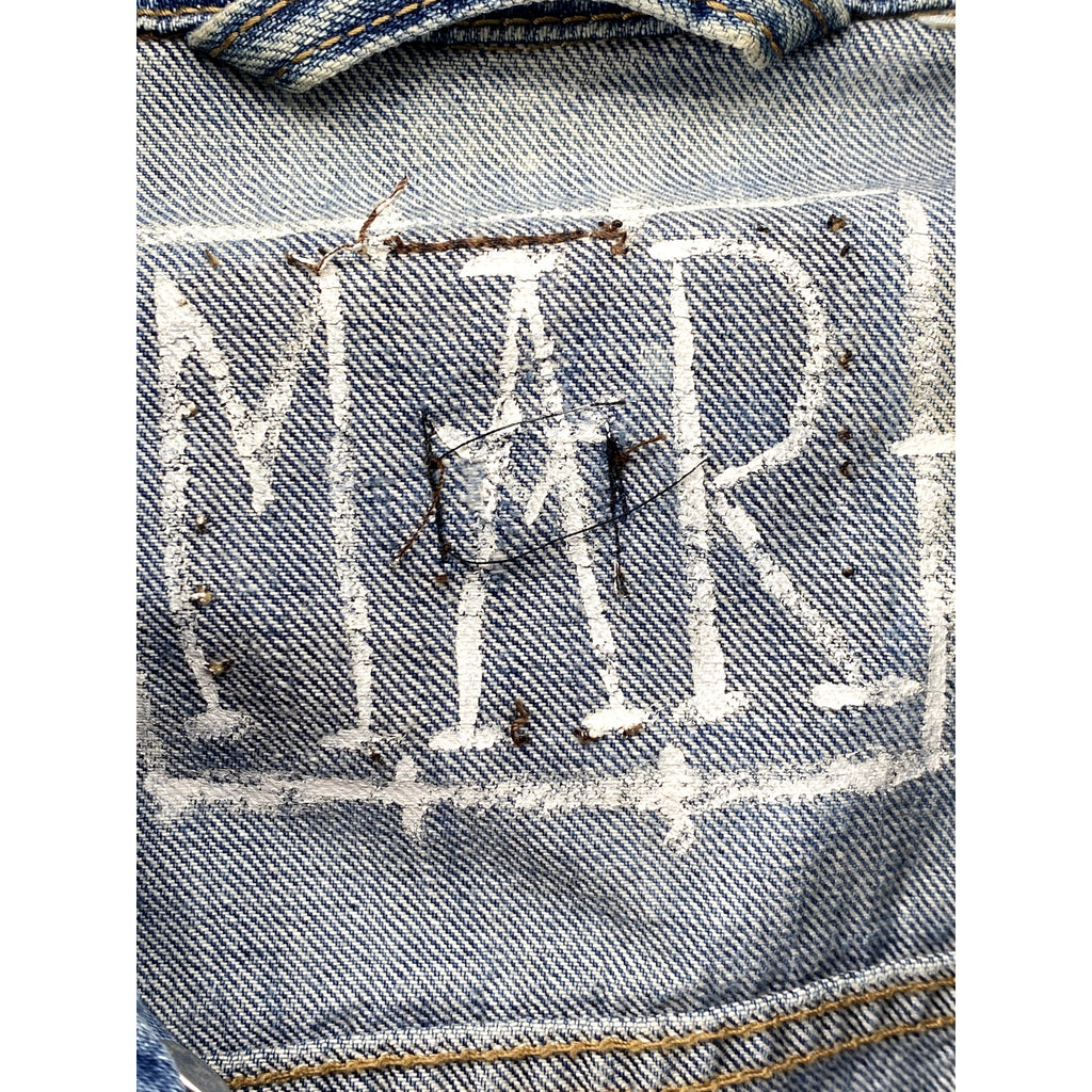 LEVI'S Men's Medium Wash Distressed Patchwork Streetwear Button-Up Jacket SZ M/L