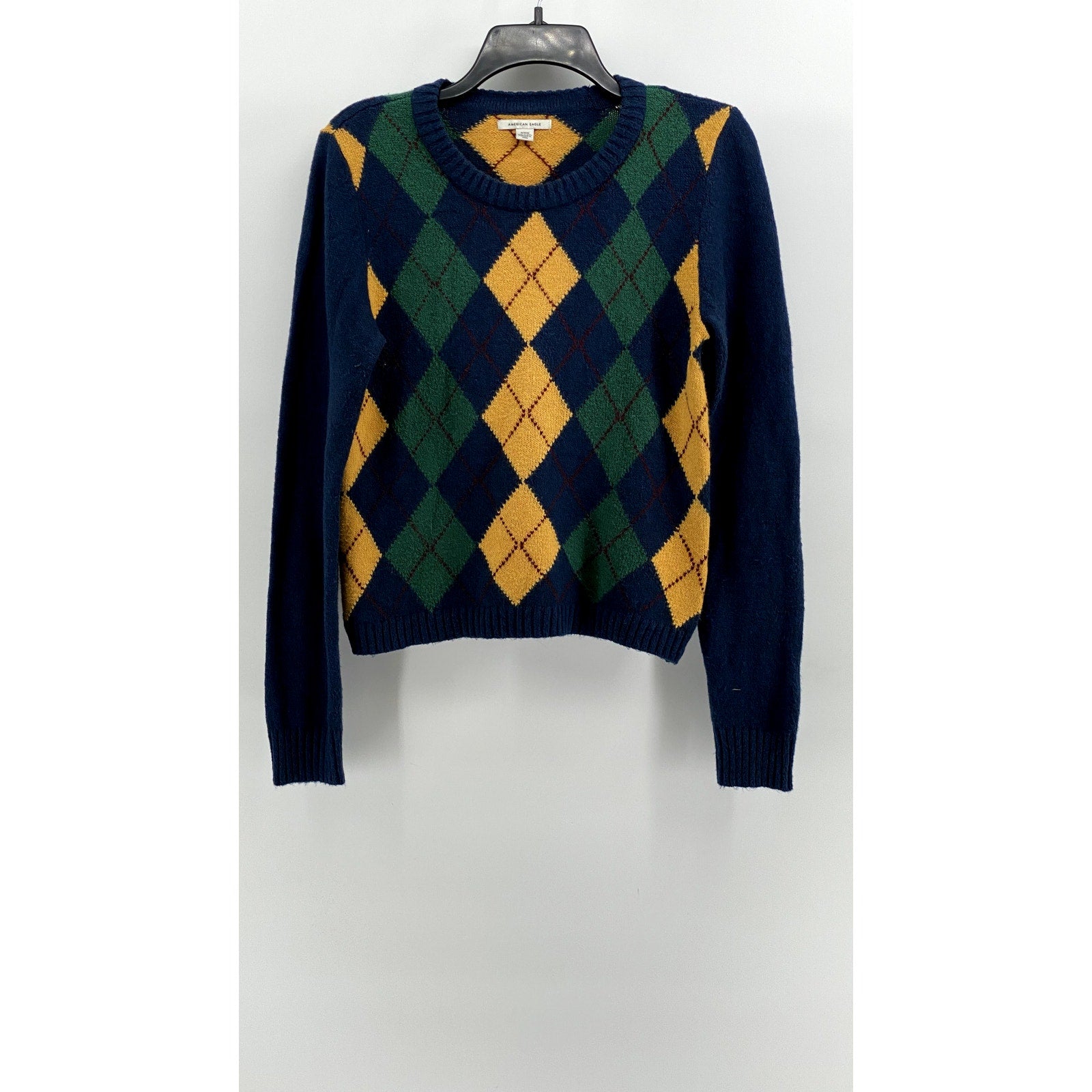 AMERICAN EAGLE Women's Navy-Yellow-Green Argyle Print Sweater SZ M