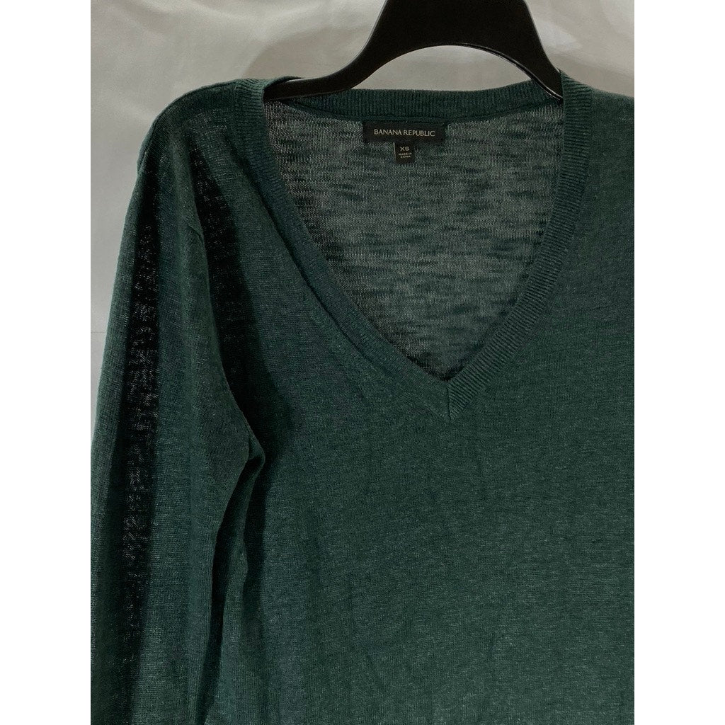 BANANA REPUBLIC Women's Forest Green V-Neck Linen Blend Pullover Sweater SZ XS