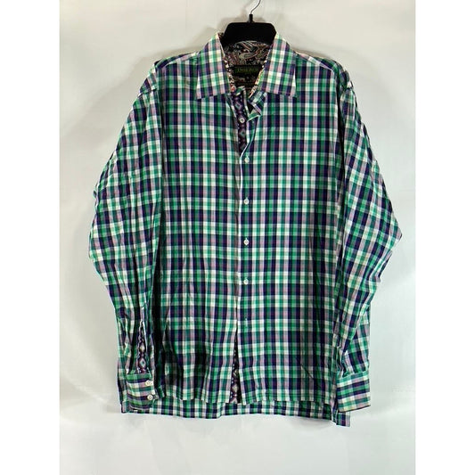 INSERCH ICON Men's Green Check Jacquard Cotton Button-Up Flip Cuff Shirt SZ XL