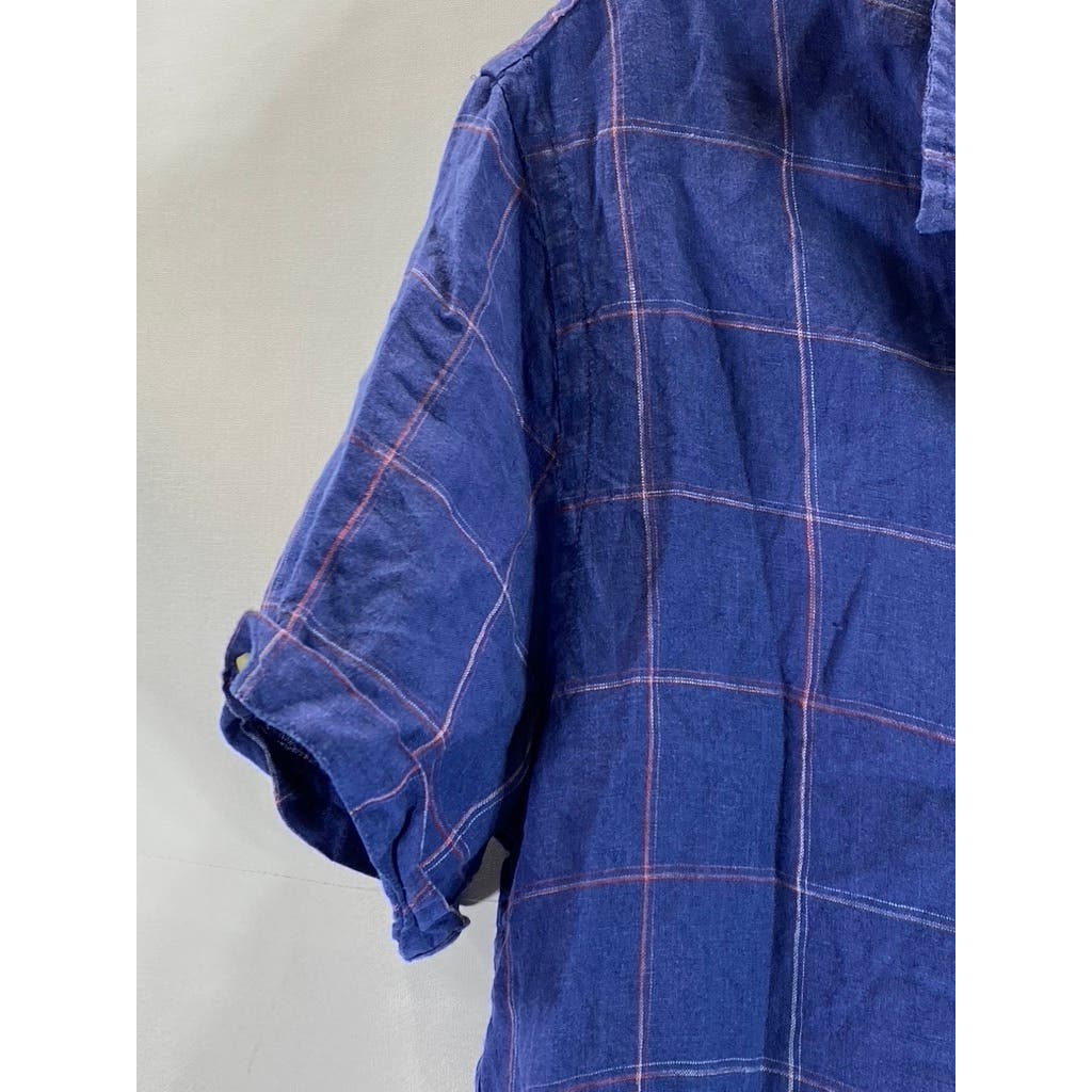 JACHS NEW YORK Men's Blue Windowpane Linen Classic-Fit Button-Up Shirt SZ S