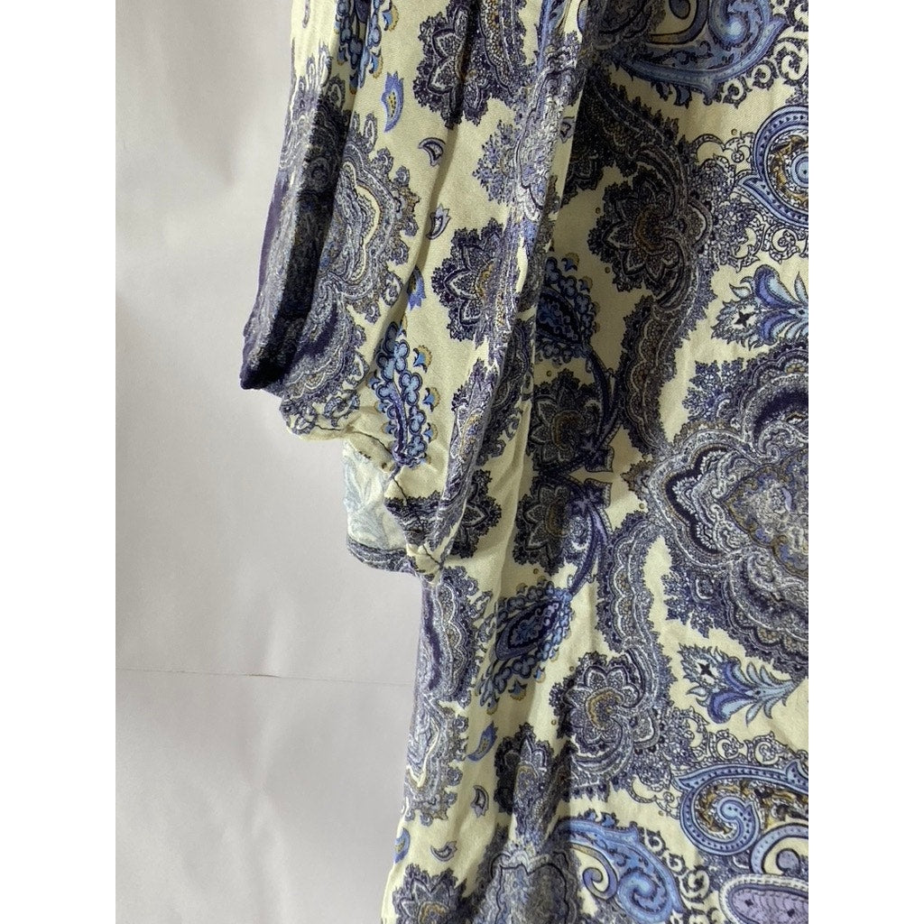 H&M Women's Blue Paisley Print Crewneck Short Sleeve Back Keyhole Dress SZ 2