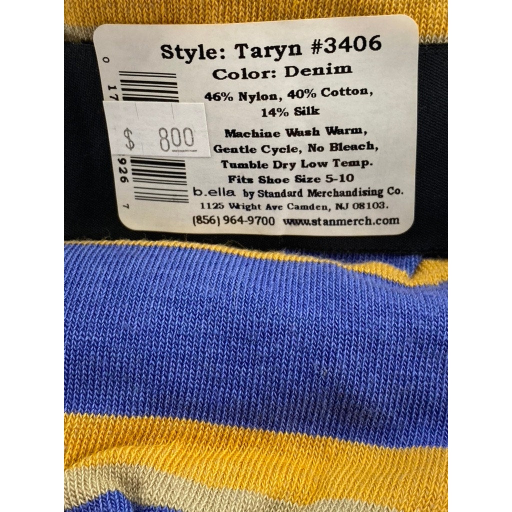 B.ELLA Women's Denim Blue-Gold Striped Knit Cotton-Blend Taryn Crew Socks SZ OS