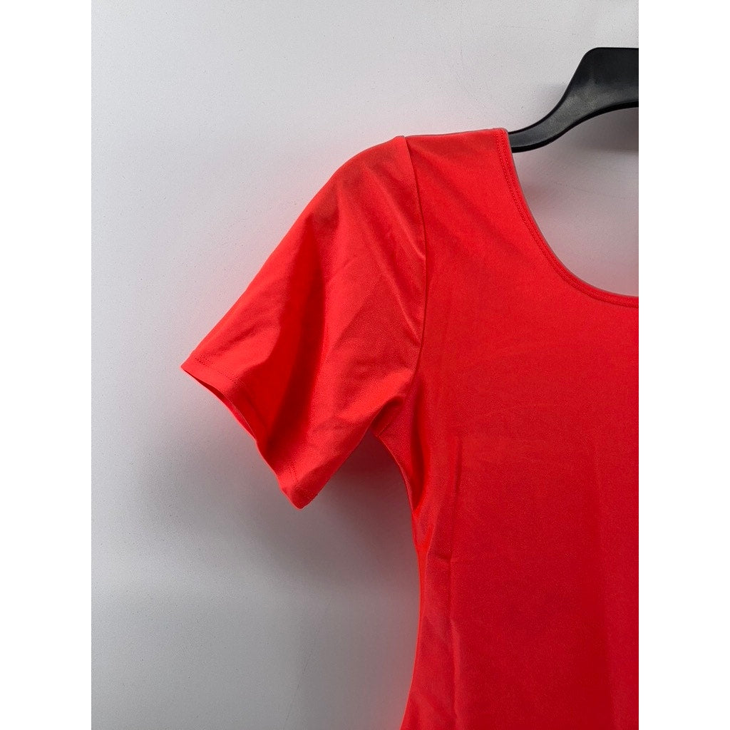 ROMA CONCEPT Women's Neon Orange Crewneck Short Sleeve Cheeky Bodysuit SZ L