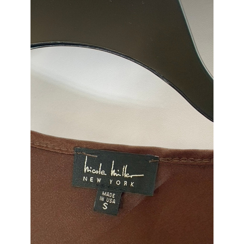 NICOLE MILLER New York Women's Brown Satin Hardware Sleeve Cowl Neck Top SZ S