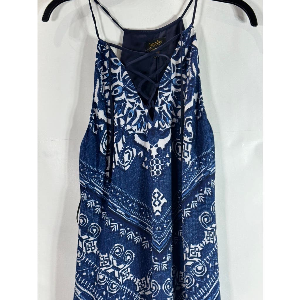 LAUNDRY BY DESIGN Women's Blue Printed Lace-Up V-Neck Pullover Maxi Dress SZ 4