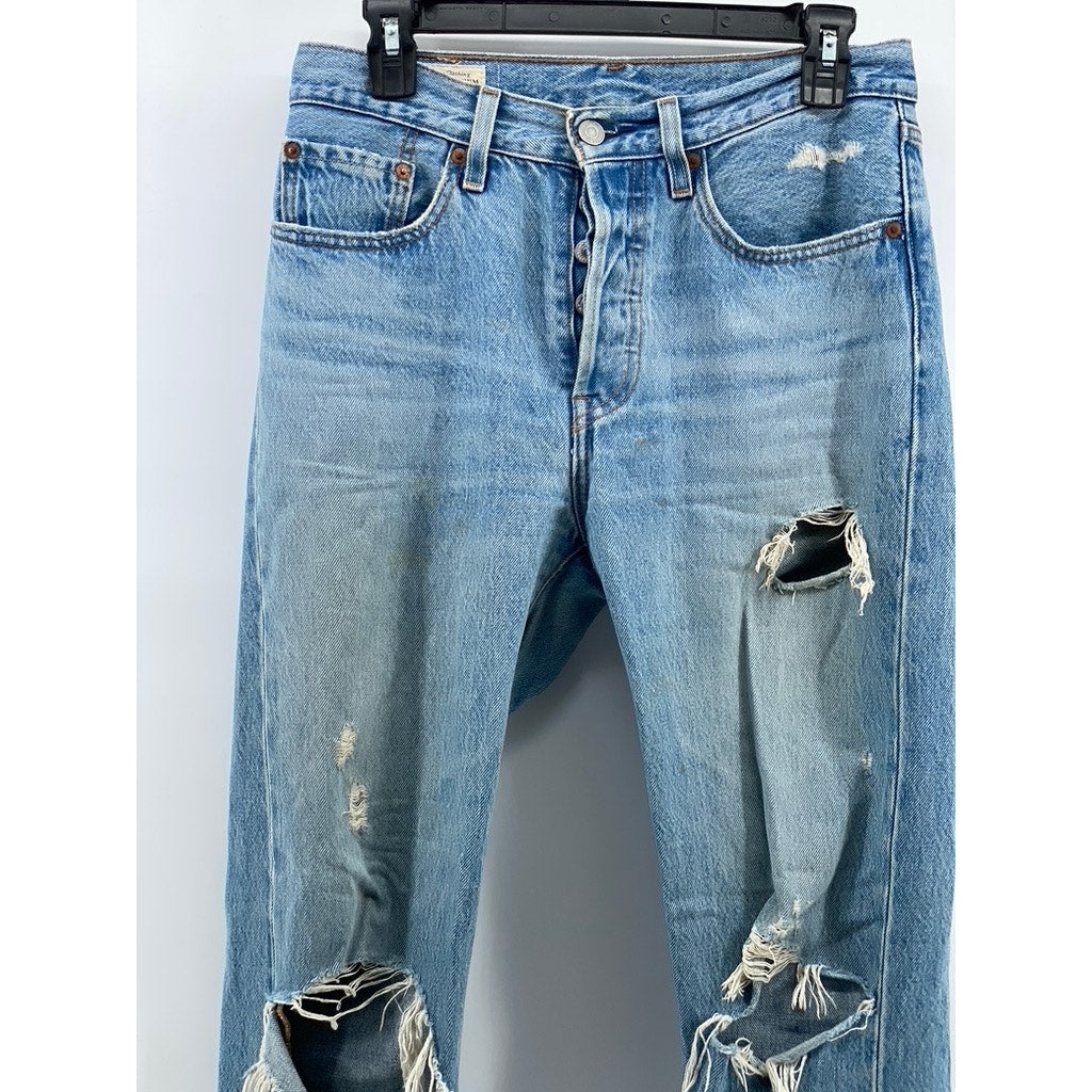 LEVI'S Men's Medium Blue Denim 501 Distressed Slim-Leg Button-Fly Jeans SZ 26x28