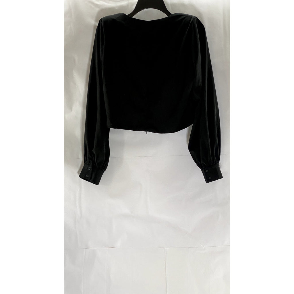 ASTR THE LABEL Women's Black Solid Straight-Neck Long Sleeve Crop Top SZ L
