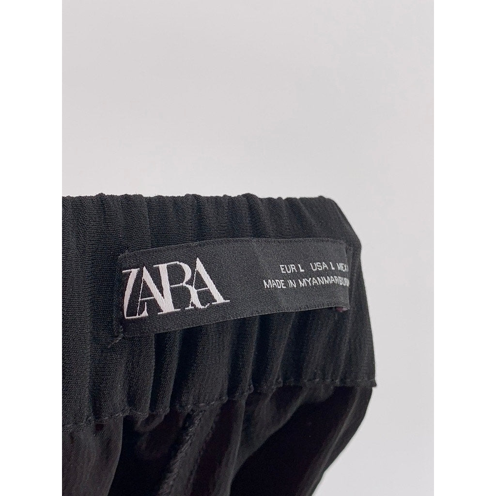 ZARA Women's Black Side-Button Wide-Leg Cropped Pants SZ L