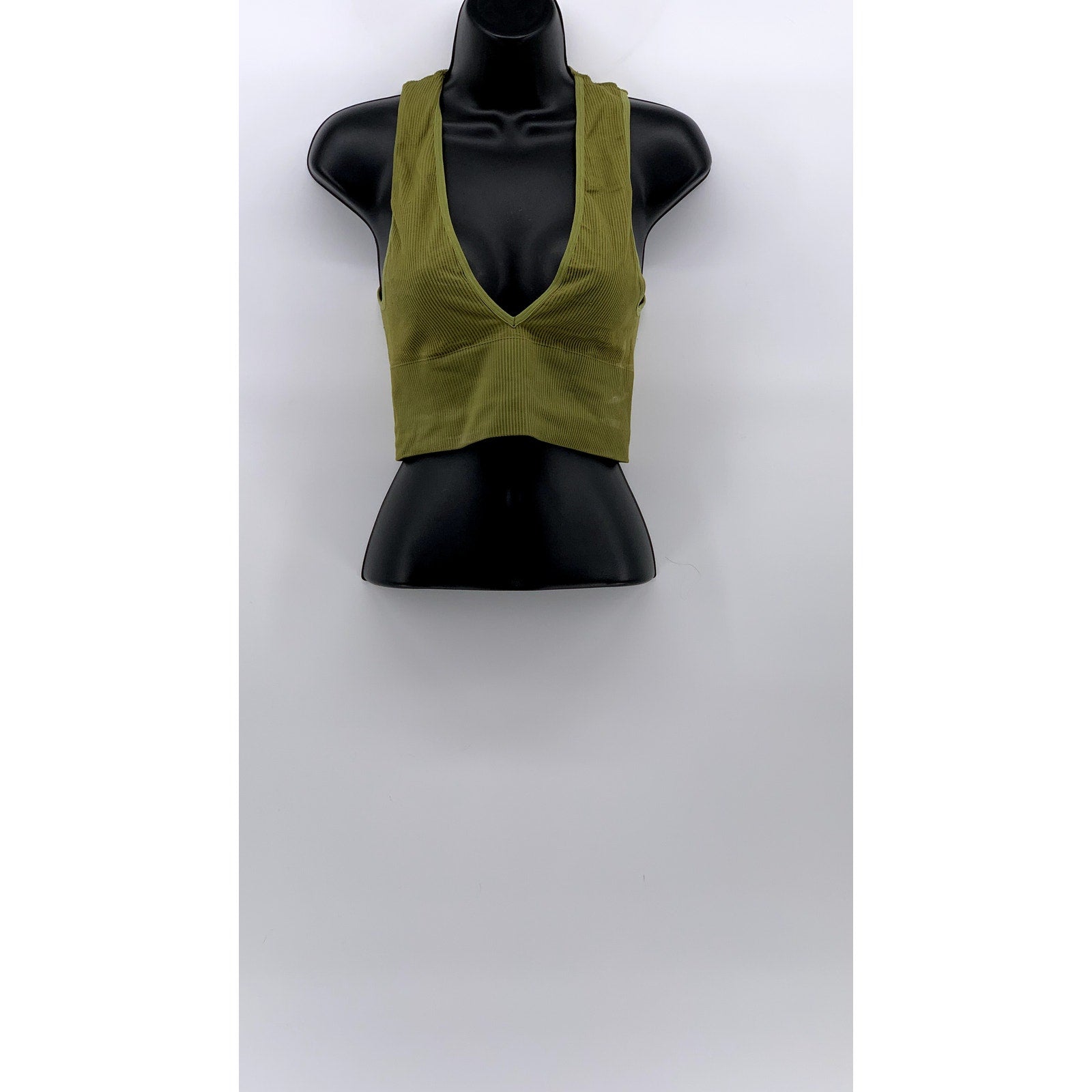 BDG Women's Olive Green Ribbed Seamless Plunging V-Neck Cropped Tank Top SZ S