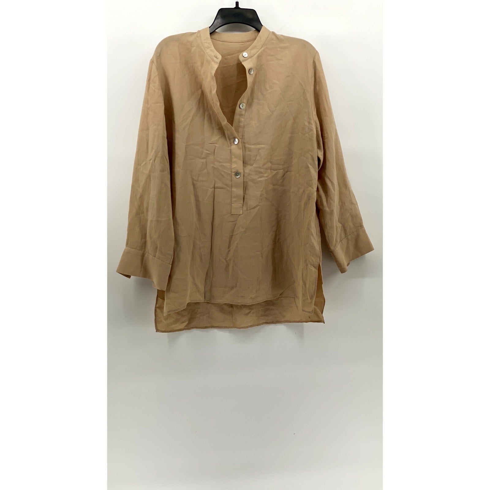 UNBRANDED Women's Beige Mandarin Collar Long Sleeve Side-Slit Tunic Top SZ L