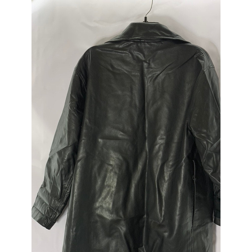 MOTEL Women's Black Faux-Leather Matrix Long Open Front Trench Coat SZ XS
