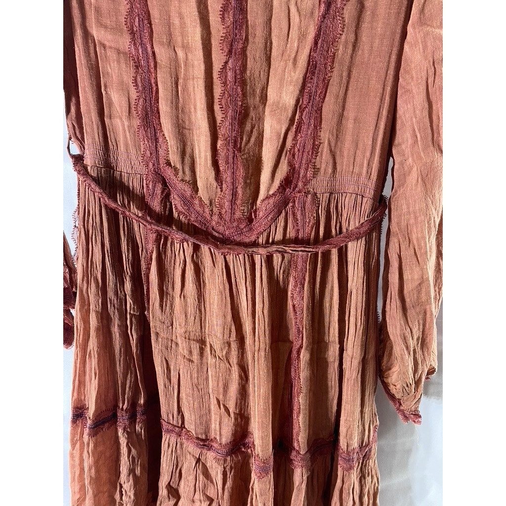 UNBRANDED Women's Burnt Orange Lace-Trim V-Neck Tiered Tie-Waist Midi Dress SZ S